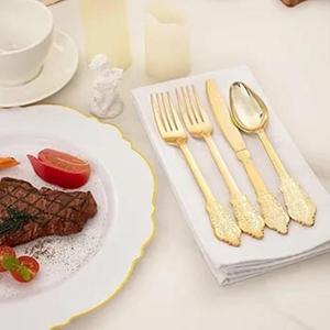 Ensemble de couverts de luxe style classique doré pour décoration de table, cuillère, fourchette, couteau, sans BPA, sans danger pour les aliments. - Product Image 6