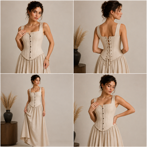 Robe Corset Vintage Renaissance pour Femme, Top Corset Overbust Beige en Coton et Lin avec Jupe, Corset Amincissant à Baleines en Acier - Product Image 5