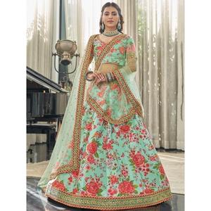 Menta verde floral impreso arte seda boda desgaste Lehenga Choli - Product Image 6