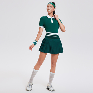Women's Solid Lime Green Sporty 2pcs <b>Set</b> Short Sleeve Polo Top Pleated Mini Skirt Quick Dry <b>Knitted</b> Tennis Wear Spring Summer - Product Image 3