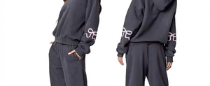 Survêtement gris foncé à capuche pour femme, manches longues, avec nœud brodé, coupe ample, décontracté, avec poches latérales, style automne - Product Image 3