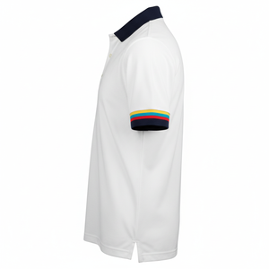 เสื้อโปโลผ้าฝ้ายสีขาวลายทางสีรุ้ง  รับทำโลโก้ตามสั่ง  ผู้ผลิต OEM ขายส่ง เสื้อแขนสั้นลำลอง - Product Image 5