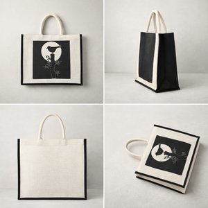 Bolsa de Mano Ecológica con Logotipo Personalizado, Asa Larga, Cierre de Cremallera, Tamaño Mediano, Estampado de Pájaros en Blanco y Negro, Reutilizable para Compras - Product Image 4