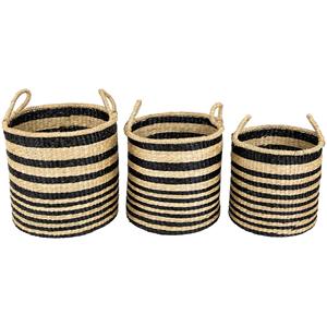 Juego de 3 cestas de almacenamiento tejidas a mano de mimbre rayado en caqui y negro, cestas de almacenamiento al por mayor, ecológicas, hechas en Vietnam. - Product Image 1
