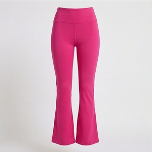 <b>High</b> <b>Waist</b> <b>Flared</b> Cropped <b>Leggings</b> Solid Pink Stretch Knitted Women's Yoga Pants All Seasons - Product Image 1