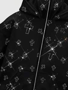 Sudadera con capucha y cremallera cruzada con pedrería para hombre, de forro polar grueso, estilo urbano, con capucha tipo máscara, personalizable, al por mayor, 100% algodón - Product Image 4