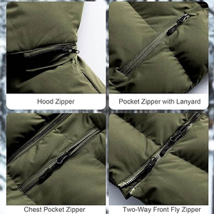 Veste longue à capuche pour homme, vert olive, coupe-vent, épaisse, matelassée, hiver, col montant, poches avant à fermeture éclair camouflage - Product Image 6