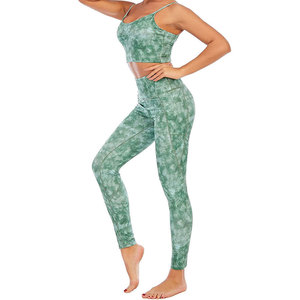 Green Tie Dye Yoga Set High Waist Leggings Crop <b>Top</b> 2 Piece Activewear Full Length Spaghetti Strap Scoop Neck Sportswear - Product Image 4