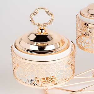 Luxury 4 Pot Rose Gold <b>Chafing</b> <b>Dish</b> <b>Set</b> Round <b>Buffet</b> Food Warmer With Hanging Lids and Laser Cut Stand for Wedding Party Decor - Product Image 5