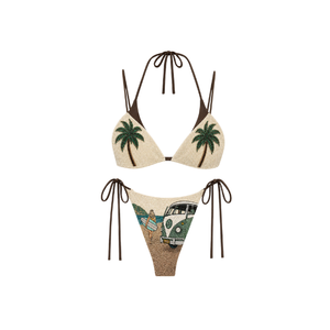 Conjunto de Bikini Blanco con Cuello Halter, Adornado con Cuentas a Mano, Diseño con Estampado de Ciudad Mediterránea y Corte Lateral en la Parte Inferior, Traje de Baño para Mujer, Ropa de Playa - Product Image 4