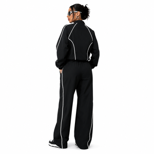 Custom Women's Satin Embroidery Solid Tracksuit <b>Set</b> Full Zip Jacket Wide Leg Pants Activewear Gym Autumn Summer OEM ODM - Product Image 2