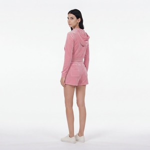 Women's Pink <b>Velvet</b> Zip Up Hoodie And <b>Shorts</b> 2 Piece Set Casual Long Sleeve Tracksuit - Product Image 4