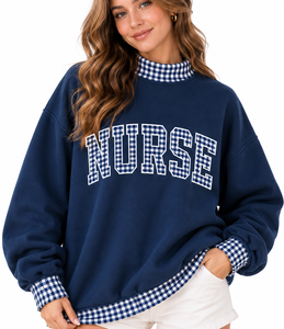 Wholesale Custom Women’s <b>Mock</b> Neck Pullover Gingham Letter Applique Ribbed Cotton Oversized Winter Sweatshirt - Product Image 1