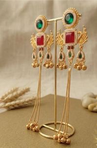 Kashmiri Fusion Long <b>Earrings</b> <b>Gold</b> Plated Crystal Rhinestone Lightweight Statement Jewelry Geometric Design Traditional Elegance - Product Image 4