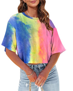 Camisetas Cortas de Cuello Redondo Estilo Tie Dye Arcoíris, Ropa Urbana, Secado Rápido, Transpirables, Manga Corta - Product Image 5