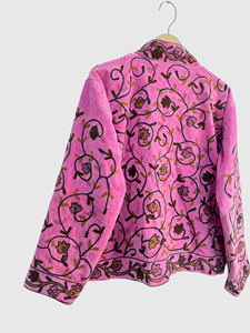 Veste en polaire rose brodée, col mandarin, manches longues, grande taille, motif floral, broderie à la main, vêtements d'automne pour femmes - Product Image 4