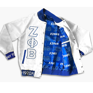 Chaqueta Bomber de Satén Zeta Phi Beta para Mujer, Azul Rey y Blanco, Bordado de Letras Griegas, Acolchada, Tejida, Ecológica, con Estampado - Product Image 1