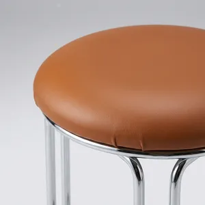 Modern Round Metal <b>Stool</b> with Brown Cushioned <b>Seat</b> Chrome Steel Legs Circular Base for Home Kitchen Bar Office Seating - Product Image 2