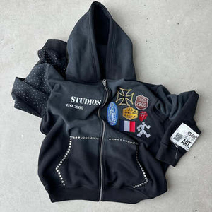 Sweat-shirts à capuche zippés oversize pour hommes, style streetwear, effet vieilli, brodés, 100% coton, basiques personnalisables, unis, avec poche, pour l'hiver, en gros - Product Image 3