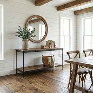 Table console d'entrée en fer forgé moderne faite à la main avec plateau en bois massif et étagère de rangement, style rustique industriel pour salon - Product Image 1