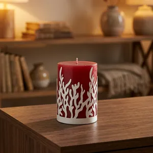 <b>Red</b> Cylinder Wax Votives <b>Candle</b> With White Coral Cutout Design For Home Decoration - Product Image 4