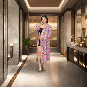 Bata Kimono Multiusos para Mujer, Cuello en V, Cierre con Cordón, Estampado a Mano, 100% Algodón, Ligera, Transpirable, Estilo Boho Elegante - Product Image 2