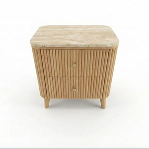 Table d'appoint moderne et écologique avec 2 tiroirs, porte à battants, en acacia, MDF, placage chêne et plateau en marbre pour salon et salle à manger - Product Image 1