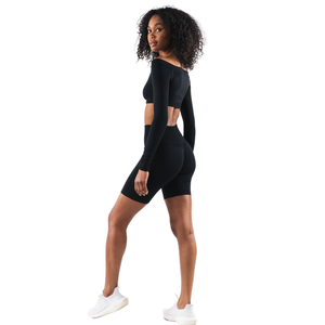 Top Corto Deportivo Negro sin Costuras para Mujer, de Manga Larga y Hombros Descubiertos, Elástico, para Gimnasio, Yoga, Entrenamiento, Ejercicio, Ropa Deportiva - Product Image 4