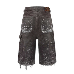 Men's Mid Waist Distressed Denim <b>Overalls</b> Diamond Decoration Raw Hem Hip Hop Streetwear Cargo Pants 100% Cotton <b>Winter</b> Summer - Product Image 2
