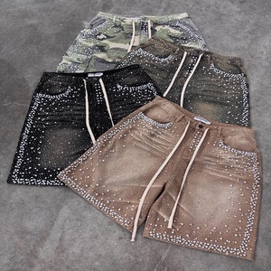 Shorts en jean vintage pour homme, broderie personnalisée, patchwork, coton délavé - Product Image 1