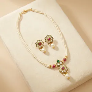 Trending Classic Indian <b>Bridal</b> Gold Plated Pearl Kundan <b>Necklace</b> <b>Set</b> With Flower Zircon <b>Earrings</b> For Wedding Women's Jewelry - Product Image 2