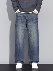 Jeans baggy classiques bleu foncé pour homme |   Pantalon en jean à coupe décontractée et jambes larges |   Pantalon décontracté à jambe droite, style streetwear urbain - Product Image 1