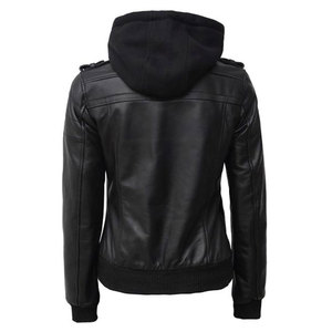 Premium Genuine Black Leather Hooded <b>Jacket</b> Women Detachable Fleece Hoodie Windproof Warm Winter Motorcycle Bomber - Product Image 2