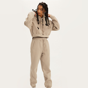 Conjunto Deportivo de Invierno para Mujer, Pantalones Deportivos de Algodón de Color Liso, Sudadera Corta con Capucha, 2 Piezas - Product Image 5