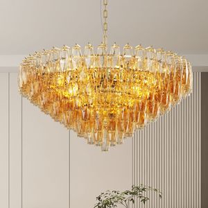 Extra Large 37\" Modern Gold 14-<b>Light</b> <b>Chandelier</b> for Living Room Tiered Brass & Smoke Blown Glass Pendant <b>Lights</b> - Product Image 3