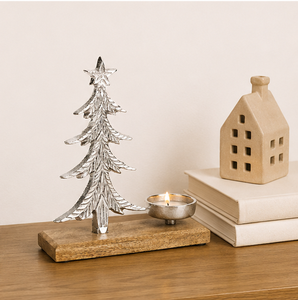 Handcrafted Nickel-Plated Aluminum Christmas Tree Candle Holder With Natural Mango Wood Base Modern Festive <b>Tea</b> Light <b>Stand</b> - Product Image 4
