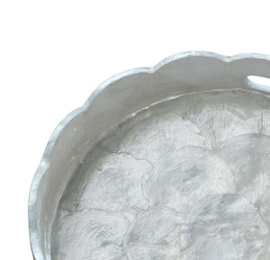 Plateau classique en nacre, blanc crème, bord ondulé, mosaïque, rond, avec poignées pratiques pour la décoration de meubles - Product Image 4