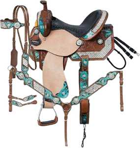 Silla de montar western de cuero genuino suave, hecha a mano, con incrustaciones de turquesa cristalina y adornos florales, herrajes de latón, de primera calidad y duradera. - Product Image 4
