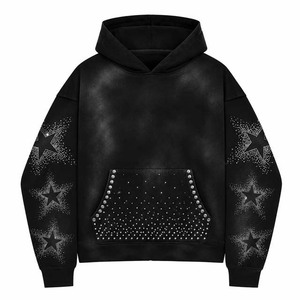 Sweat-shirt à capuche noir pour homme, coupe classique, imprimé étoile brodé avec strass, poche, style streetwear, vêtement d'automne entièrement personnalisable - Product Image 1