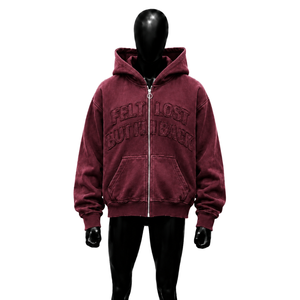 Maroon Washed Oversized Hooded Jacket Embroidered Letter Full Zipper <b>Hoodie</b> Retro <b>Burgundy</b> Grunge Street Style Distressed Urban - Product Image 1