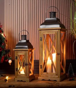 <b>Large</b> Rustic Wooden Lantern <b>Candle</b> Holder with Metal Top Farmhouse Decorative Hanging Lantern for Indoor Outdoor Decor - Product Image 6