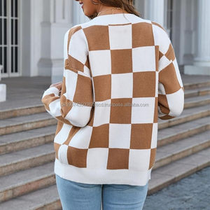 Wholesale Custom Acrylic Oversized Vintage Fashion Jacquard Knitted V Neck Regular Sleeves <b>Button</b> Anti-Pilling <b>Cardigan</b> <b>Women</b> - Product Image 5