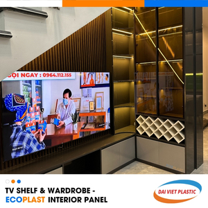 Estilo contemporáneo Patrón de madera PVC Panel interior Luces LED Soporte de TV con escaleras Fábrica de fabricación superior Vietnam Uso doméstico - Product Image 5