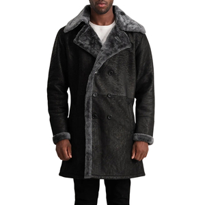 <b>Men's</b> <b>Black</b> Genuine Leather Shearling Lapel Double Breasted Knee Length Overcoat - Product Image 1