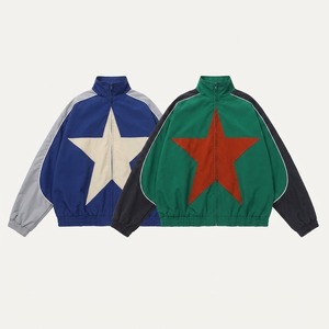 Men's <b>Star</b> Print Racer <b>Jacket</b> Color Blocking Stand Collar Zipper Closure Sporty Windproof Polyester Autumn Wear - Product Image 1