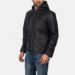 Blouson moto pour homme en cuir véritable noir, à capuche, fermeture éclair sur le devant, coupe classique, pour l'hiver, col montant, imperméable et coupe-vent - Product Image 4