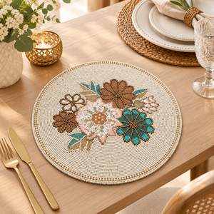 Premium <b>Beaded</b> Round <b>Placemat</b> | Floral Glass Bead Table Mat for Dining Kitchen Home Decor Elegant Handmade Table Setting Accents - Product Image 4