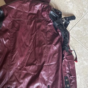 Men's Gothic Steampunk Faux Leather Windproof Trench Coat Maroon <b>Zip</b> <b>up</b> <b>Jacket</b> Lace <b>up</b> Sleeve Front Logo Costume - Product Image 6