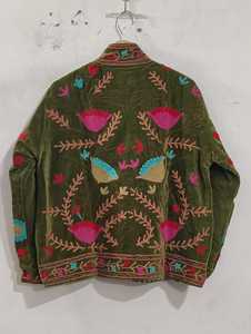 <b>Hand</b>-Embroidered Floral Velvet Outerwear Olive <b>Green</b> Velvet Jacket Stand Collar Long Sleeve Boho Vintage Floral <b>Towel</b> Embroidery - Product Image 1