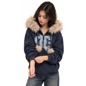 Women's <b>Navy</b> Hooded Zip-Up Sweatshirt With Faux Fur Collar And Pom Poms Printed Design Winter Wear Hoodies - Product Image 2